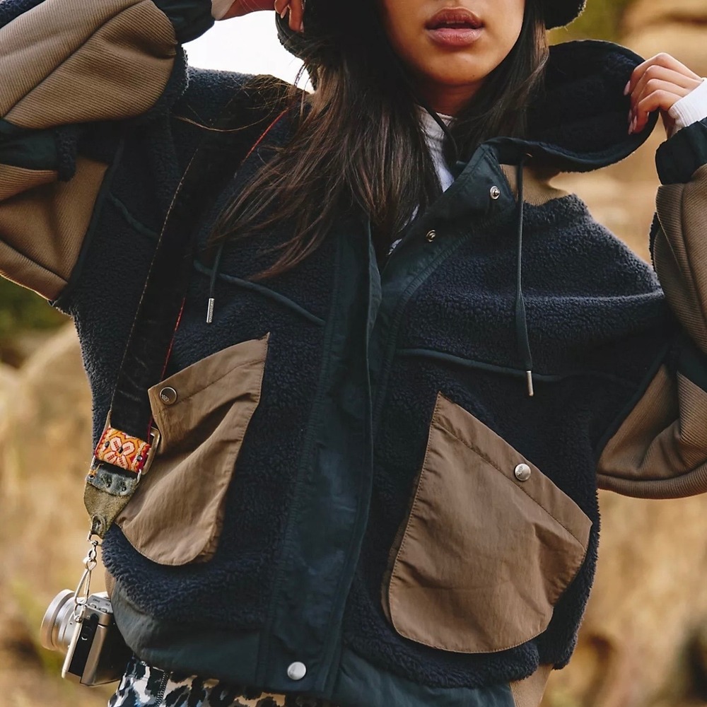 New FP Movement Hit The Slopes Moto Jacket Black Combo Sherpa Fleece Hooded XS